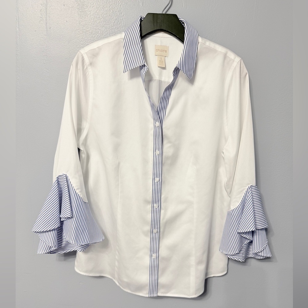 #1) Chico's No Iron White Blouse with Blue Striped Accents
